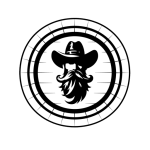 Whiskey Whiskers logo - silhouette of a man with a long beard and mustache wearing a cowboy hat centered over the top view of a whiskey barrel